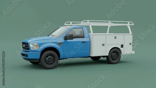 Blue Service Utility Pickup Truck with Tool Boxes and Rack Isolated on Green for Construction and Maintenance
