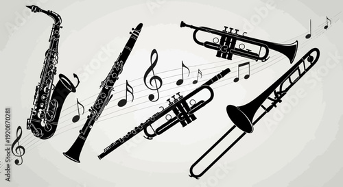 Musical Instruments Silhouette with Notes: Saxophone, Trumpet, Clarinet, Trombone