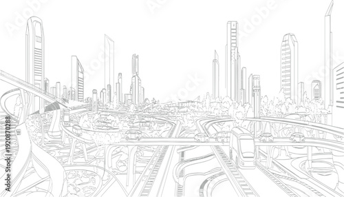 Aerial view of futuristic city with tall skyscrapers and intricate road networks buildings roads highways