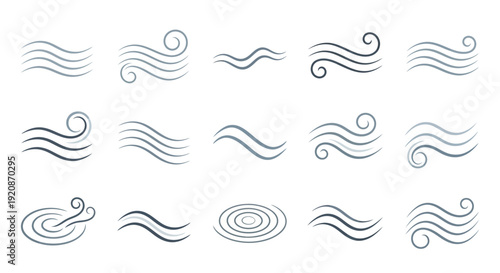 Windy Weather Icons Set: Air Flow and Breeze Symbols