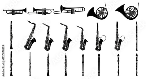 Wind Instruments Vector Set: Trumpet, Saxophone, Horn