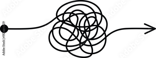 Black line of a tangled mess with a starting point and an arrow pointing outwards knot