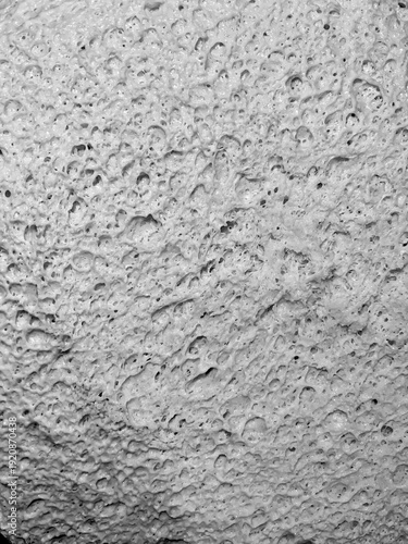 Monochrome close-up of fermented yeast dough surface with detailed air pockets and organic structure. High contrast black and white food texture background highlighting natural baking patterns.