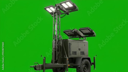 Portable mobile light tower with solar panels on green screen. Powerful construction or emergency lighting equipment.