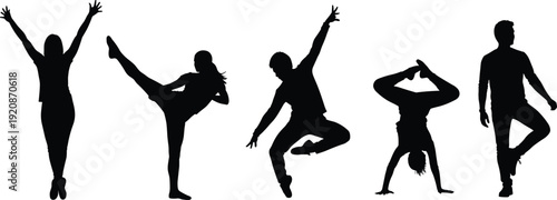 Street dance silhouette collection, energetic hip hop and breakdance performers in dynamic action poses isolated on white background
