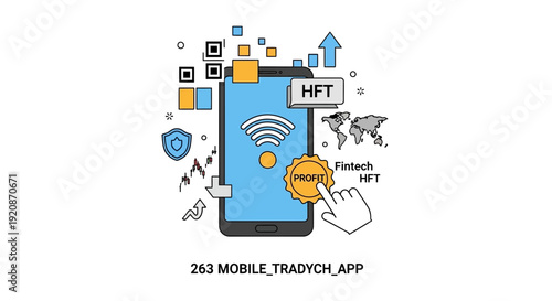 Mobile trading app illustration with world map and financial symbols