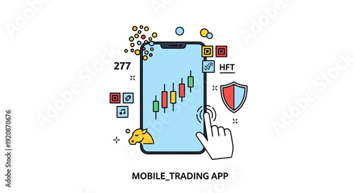 Mobile trading app with candlestick chart and touch interaction vector illustration