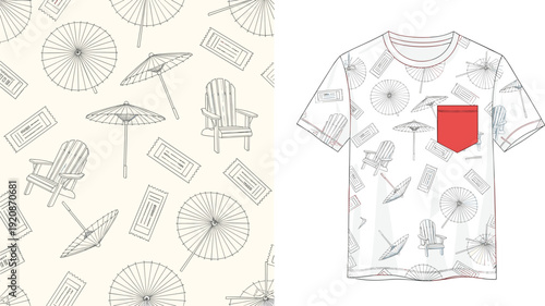 Summer beach pattern t shirt design mockup, umbrella chair ticket seamless vector textile print illustration