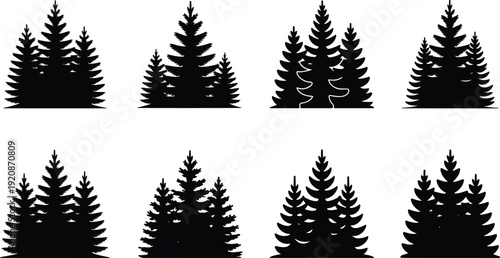 Eight black and white silhouettes of Christmas trees with varying decorations and styles