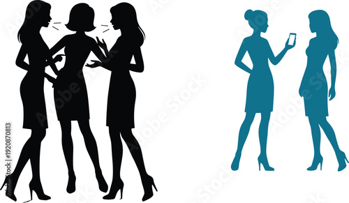 Women silhouette group gossiping and friends using smartphone, female conversation social interaction vector illustration isolated on white background