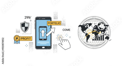 Smartphone financial application concept with world map graphic and growth charts