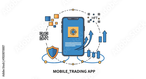 Smartphone trading app illustration with charts shield and arrows on white