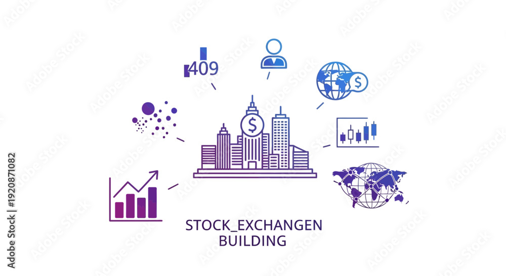Fototapeta premium Stock exchange building with global finance and data analysis graphics