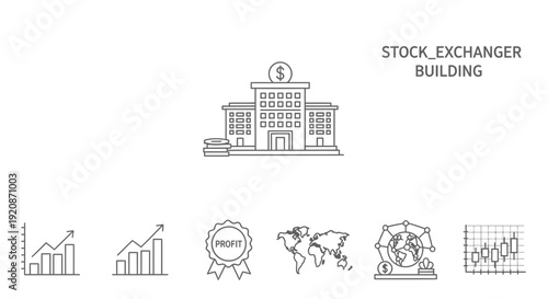 Stock exchange building illustration with financial icons and graphics