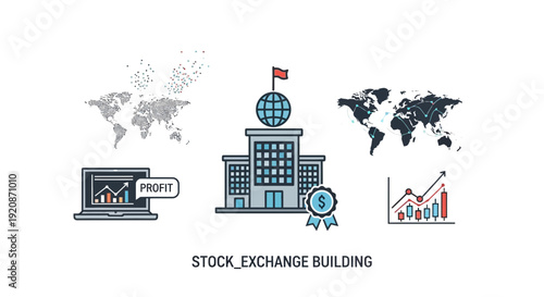 Stock exchange building illustration with global finance elements
