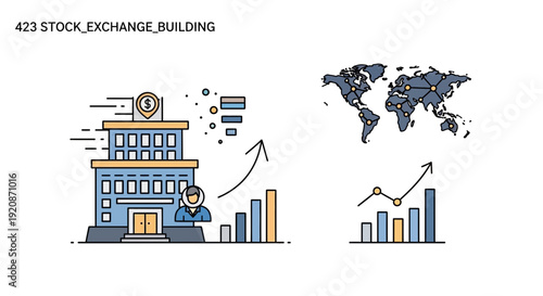 Stock exchange building illustration with world map and financial charts