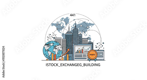 Stock exchange building illustration with world map and financial data