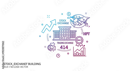 Stock exchange building illustration with world map and growth chart