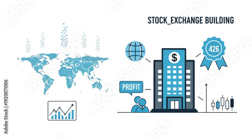 Stock exchange building with global map and financial growth icons