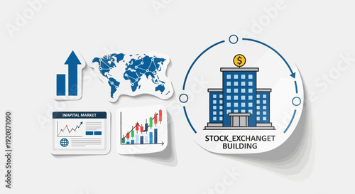 Stock exchange building with global market and financial chart icons
