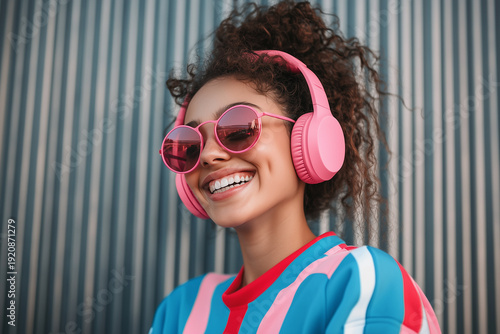 Smiling young woman wearing pink headphones and sunglasses listening to music, colorful urban lifestyle portrait, joyful trendy fashion style, modern youth culture vibe outdoors
