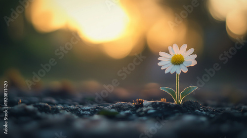 Single daisy flower growing through soil at sunset with soft golden light, resilience and hope concept, fragile beauty in nature, survival, new beginnings and optimism symbol