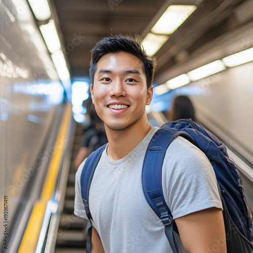 Smiling young man with backpack on subway escalator in modern underground station, urban commuting public transport lifestyle portrait, confident traveler in city transit