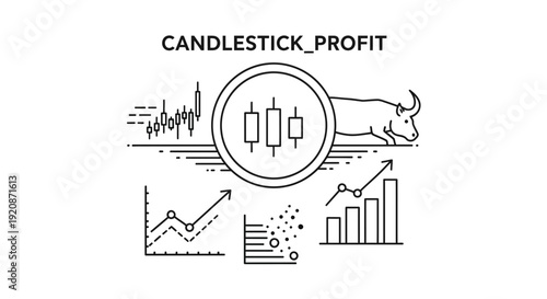 Stock market trading concept illustration with bull and candlestick charts