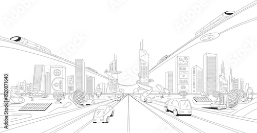 Futuristic cityscape with elevated transit systems and modern vehicles on a wide road skyscrapers