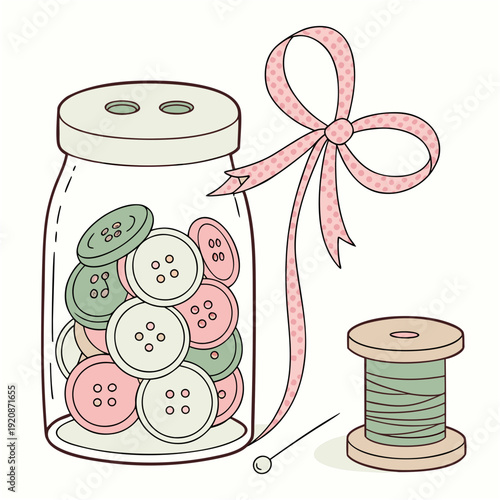 Whimsical glass jar filled with sewing buttons, wooden thread spool and pin with polka-dot ribbon, craft illustration.