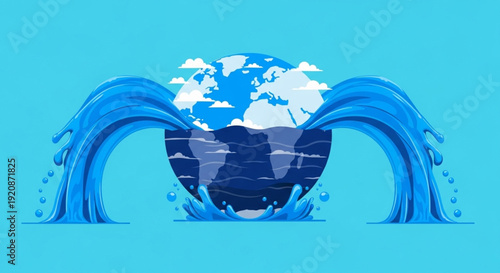 Dynamic global water flow illustration featuring a split Earth encircled by powerful blue waves, symbolizing critical environmental balance and precious resource management