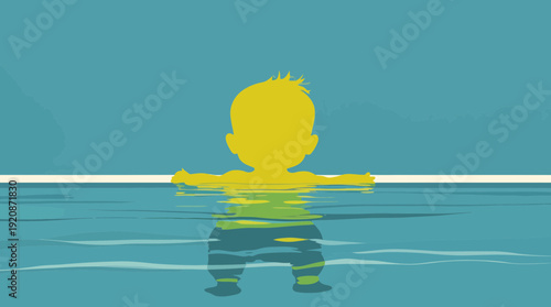 Little boy standing in swimming pool.
