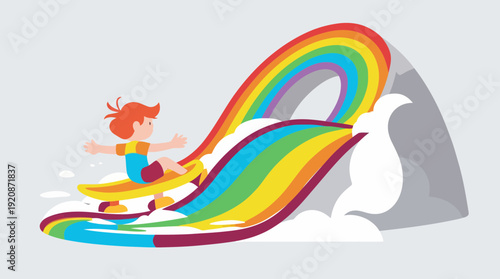 Little girl surfing on rainbow wave.