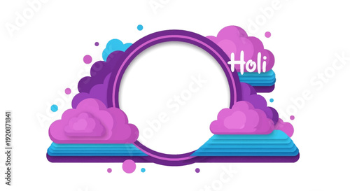 Colorful Holi festival social media template with editable vector illustration, purple and blue clouds, and a circular frame on a white background, ideal for business promotions and sales.