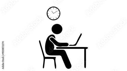 Stick figure businessman working on laptop at desk with wall clock icon.