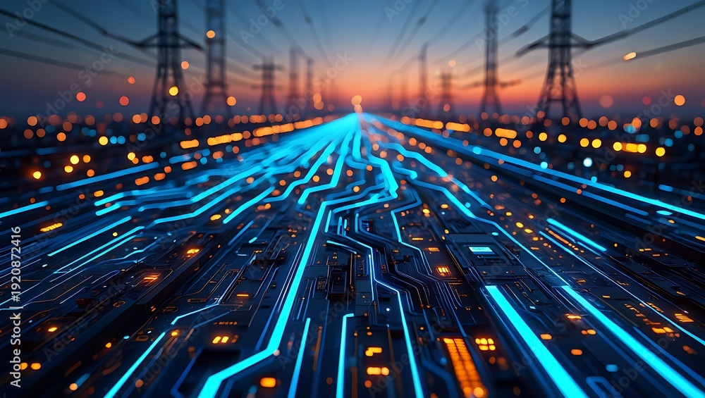 Obraz premium High voltage power lines over urban skyline with glowing digital circuit interface, representing smart grid technology, modern energy infrastructure, electricity transmission, renewable power innovate