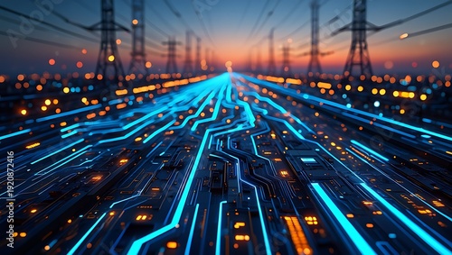 High voltage power lines over urban skyline with glowing digital circuit interface, representing smart grid technology, modern energy infrastructure, electricity transmission, renewable power innovate