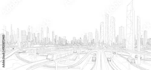 Of a futuristic cityscape with elevated highways and modern skyscrapers in white line style buildings