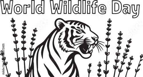 World wildlife day tiger illustration with roaring big cat profile among tall grass silhouettes for environmental protection awareness on transparent background art