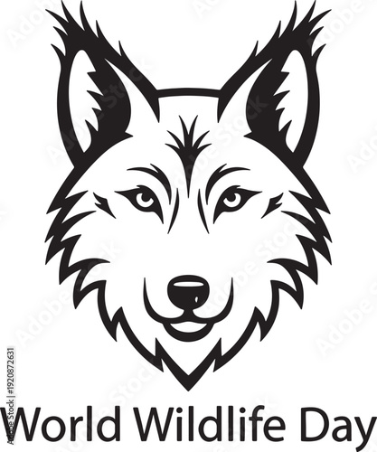 World wildlife day design with a black outline of a wolf's head, facing forward with perked ears and a friendly expression, on a transparent background