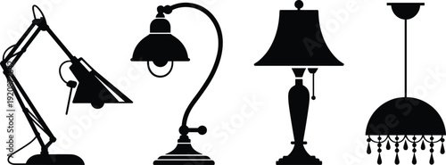 Black and white lamp silhouettes featuring desk lamp, table lamp, vintage curved lamp, and chandelier, showcasing diverse lighting designs, interior decor, and home illumination concepts