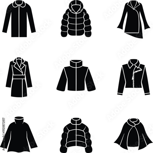 Nine black and white line of various types of coats and jackets line fashion