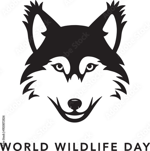 Wolf head silhouette world wildlife day logo with tribal features and sharp details for wilderness protection identity and predator conservation project branding