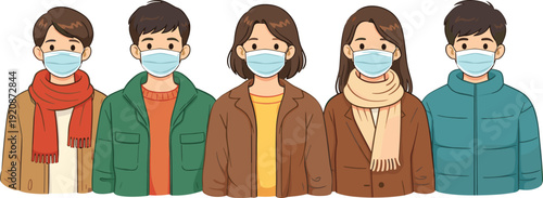 People wearing face masks illustration, group of men and women in winter clothes, health protection concept, pandemic safety, isolated background