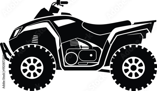 Black and white silhouette of an all-terrain vehicle (ATV) with rugged tires, sturdy frame, and detailed components, symbolizing off-road adventure, recreation, and vehicle design concepts