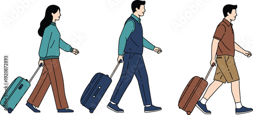 People, walking, luggage, illustration, travelers, suitcase, journey, airport, travel, concept, modern, lifestyle, tourism, casual, trip, vector, design, movement, transport, commuting