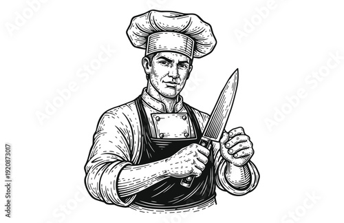 Hand Drawn Engraving Woodcut Illustration of Butcher Chef Sharpening Knife