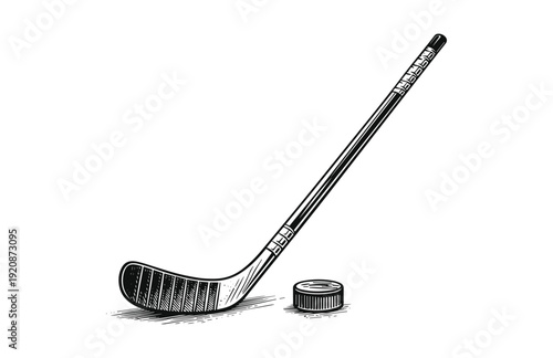 Hand Drawn Engraving Woodcut Illustration of Ice Hockey Stick and Puck
