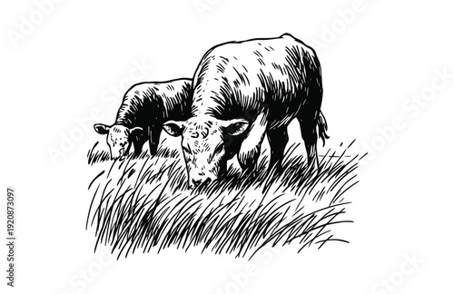 Hand Drawn Engraving Woodcut Illustration of Grazing Sheep in Field