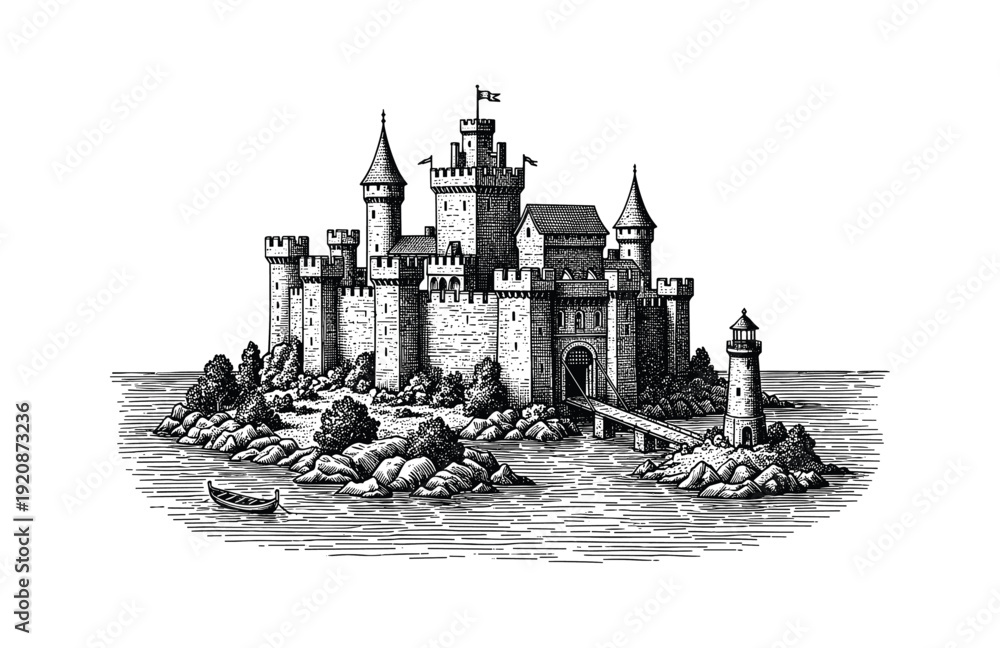 Fototapeta premium Hand Drawn Engraving Woodcut Illustration of Medieval Stone Castle on Island